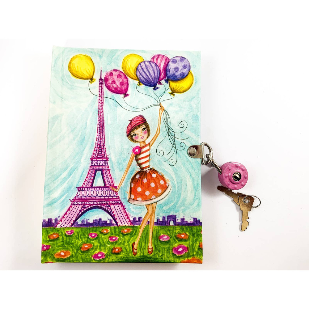Diary/ Journal with Lock & Keys - Parisian Girl with Balloons - Blank, N…